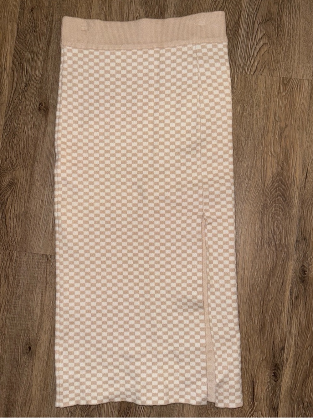 Beige Checkered Knit Pencil Skirt